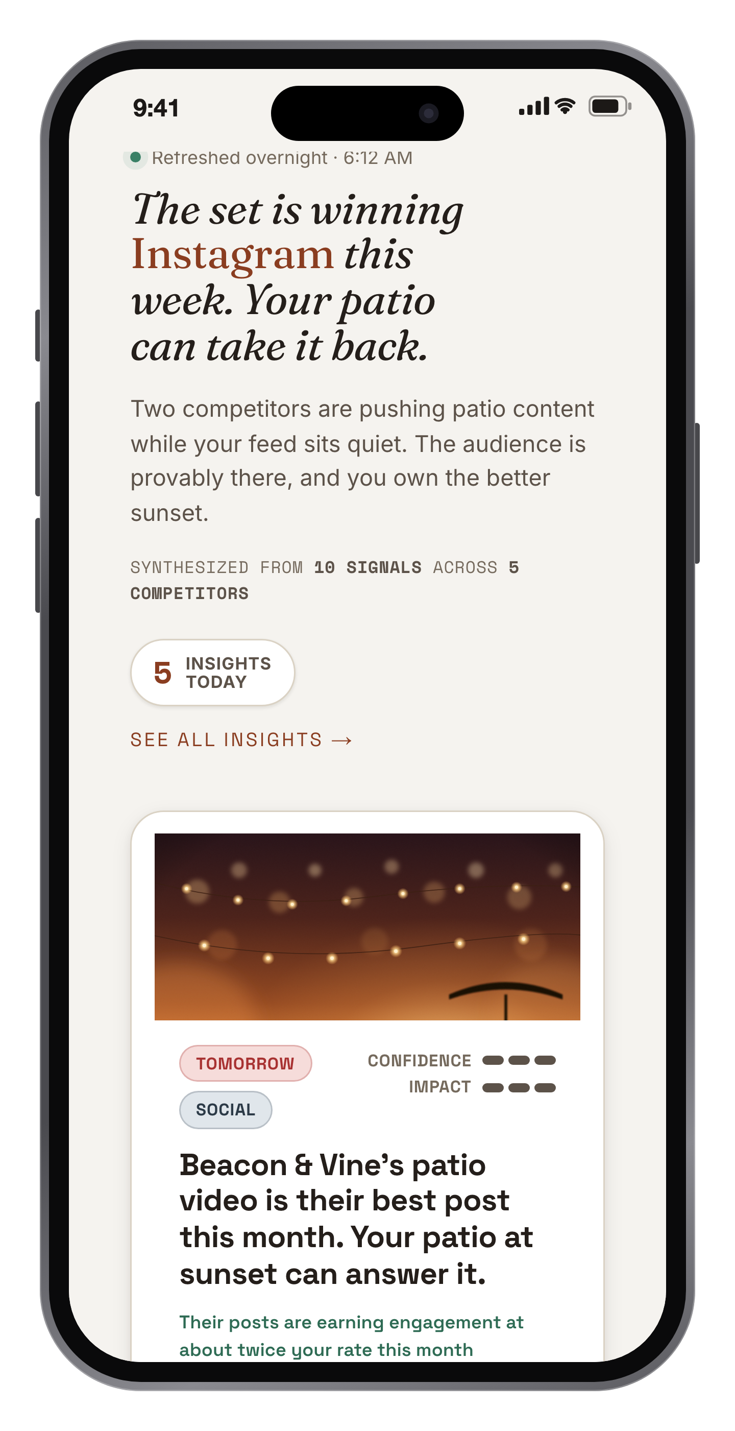 The same example brief on an iPhone: the headline, the count of today's insights, and the lead insight card with its confidence and impact scores.