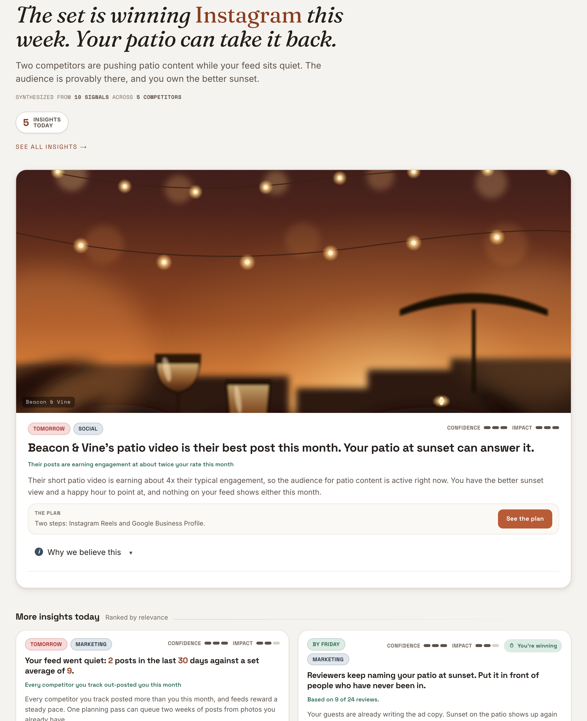 A Ticket daily brief for a fictional restaurant. The headline reads: the set is winning Instagram this week, your patio can take it back. Below it, a lead insight about a competitor's patio video with a two-step plan, then a ranked grid of further marketing and social insights.